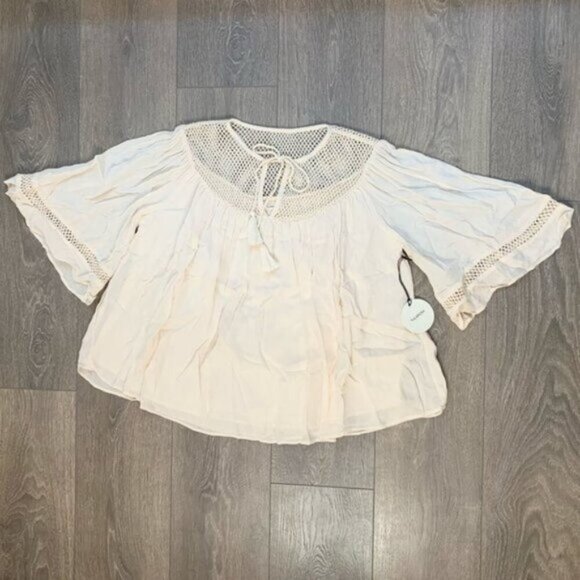 Tularosa Revolve Huxley Top Cream Tassels ties Gauze Crochet Flutter Sleeve - Picture 2 of 15